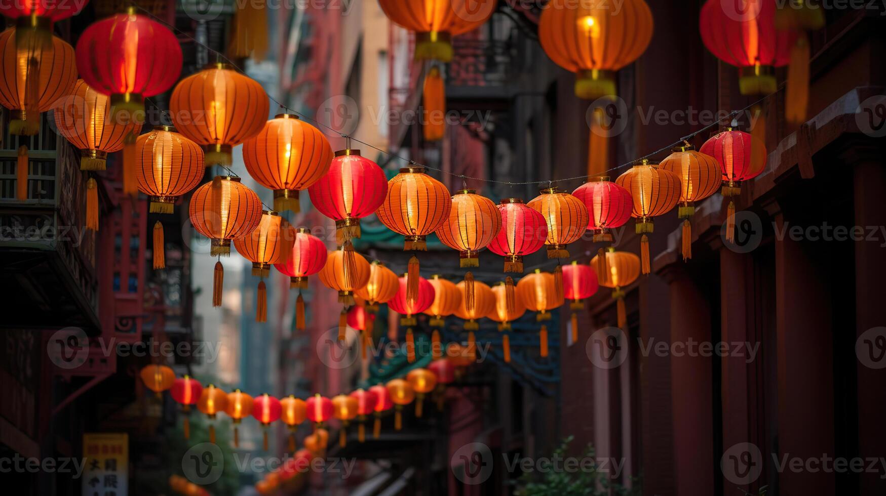 Chinese new year lanterns with blessing text mean happy, healthy and wealth in china town, photo