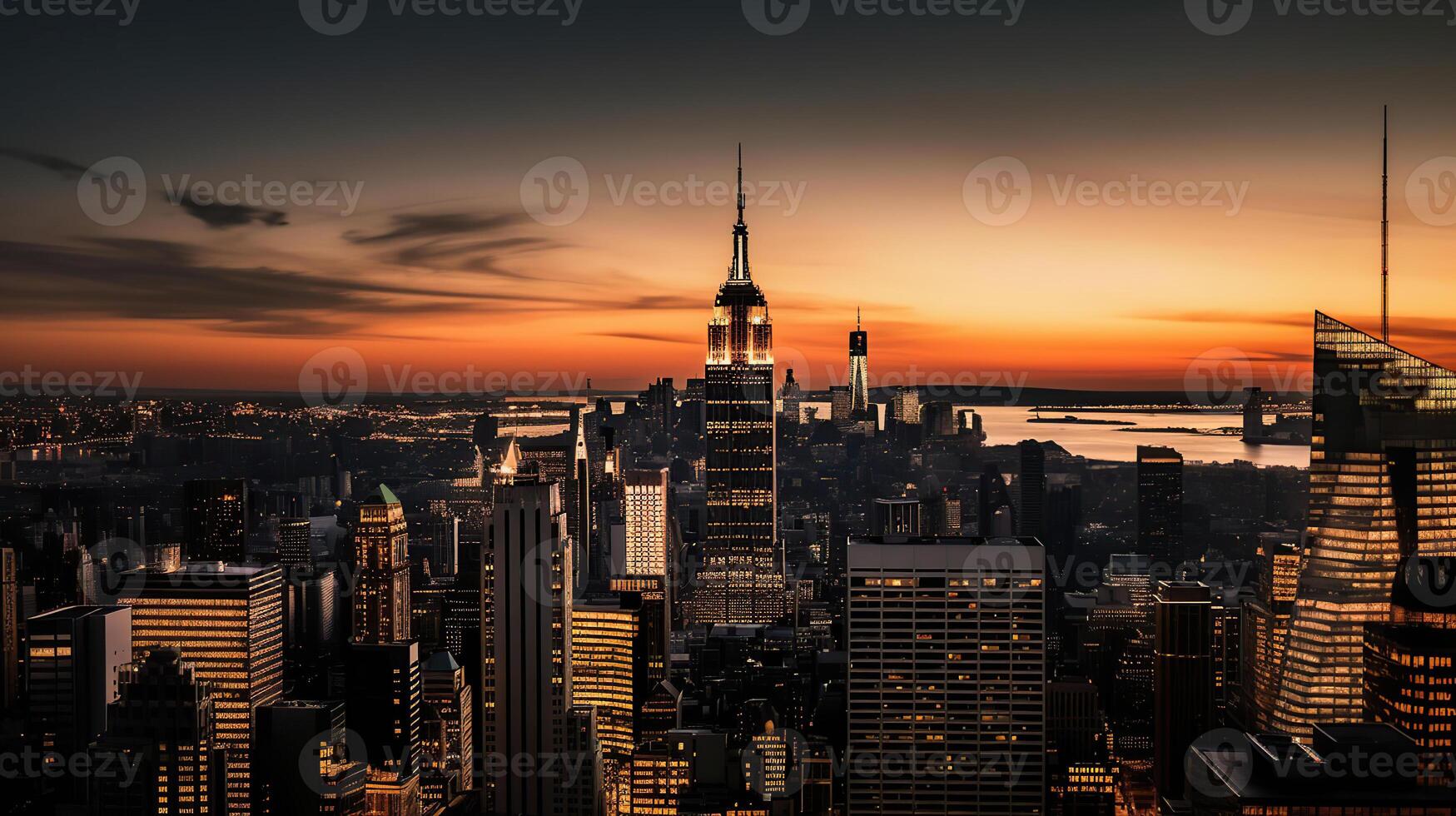 Amazing panorama view of New York city skyline and skyscraper at sunset, photo