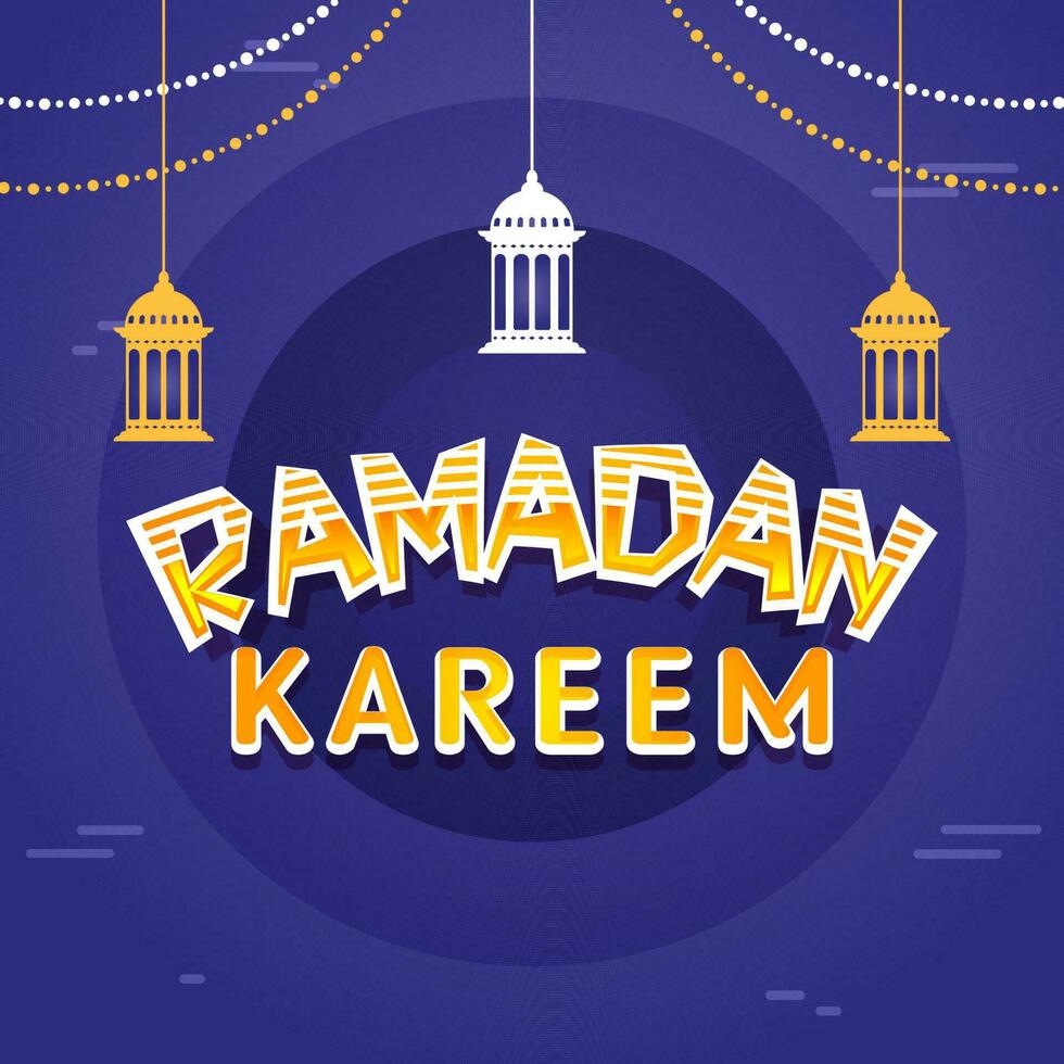 Ramadan Kareem Font With Hanging Lanterns Decorated On Blue Background. vector
