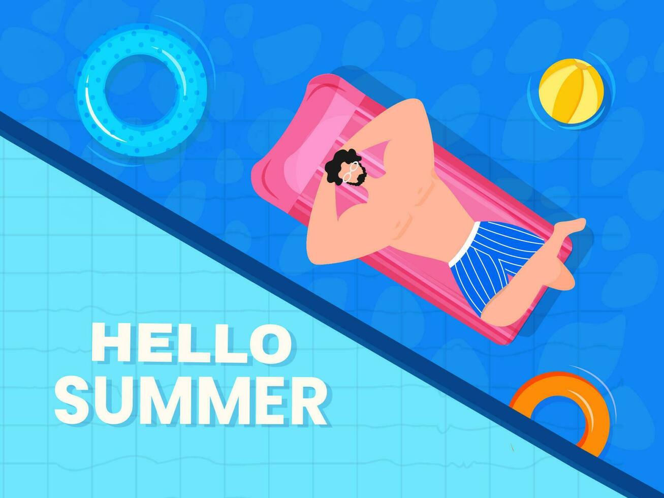 Hello Summer Poster Design With Top View Of Swimmer Man Lying At Inflatable Bed, Beach Ball, Lifebuoy On Blue Swimming Pool Background. vector