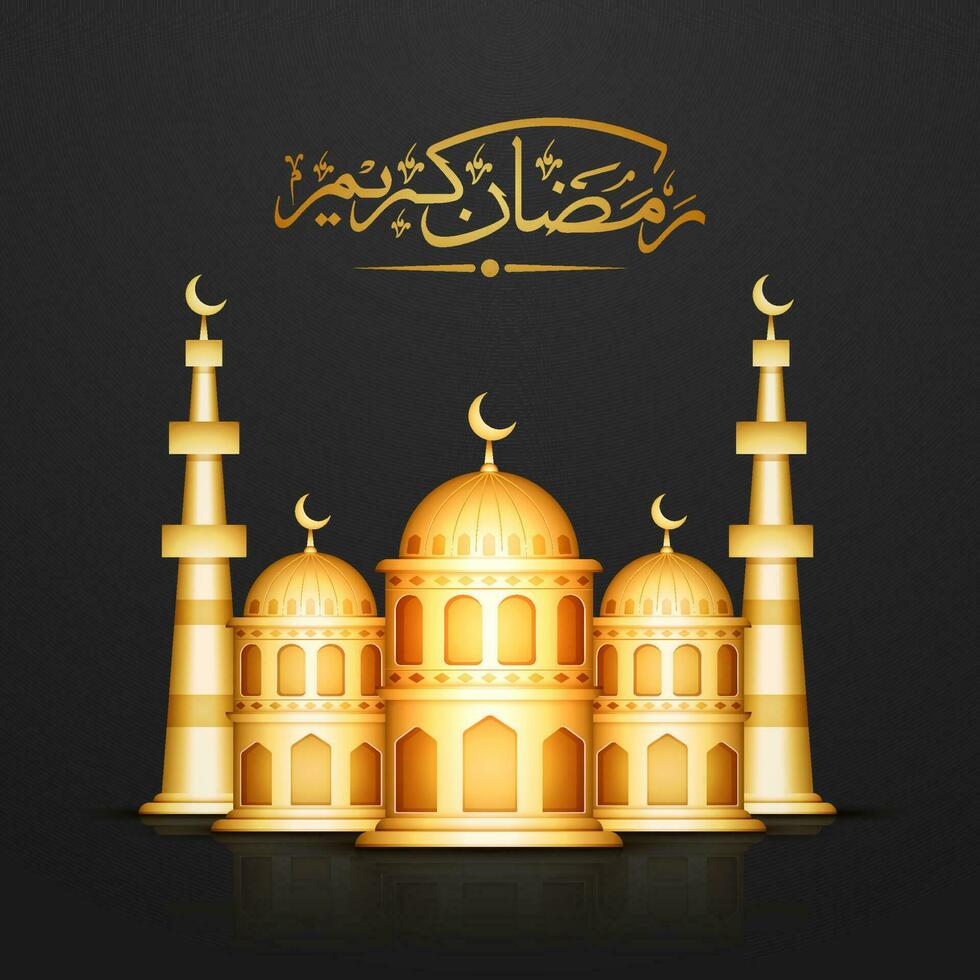 Arabic Calligraphy Of Ramadan Kareem With 3D Golden Mosque Illustration On Black Background. vector