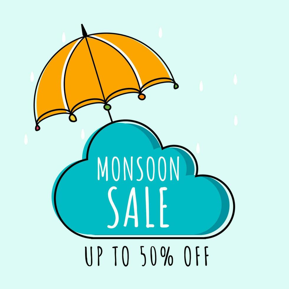 For Monsoon Sale Poster Design With Umbrella In Blue Color. vector