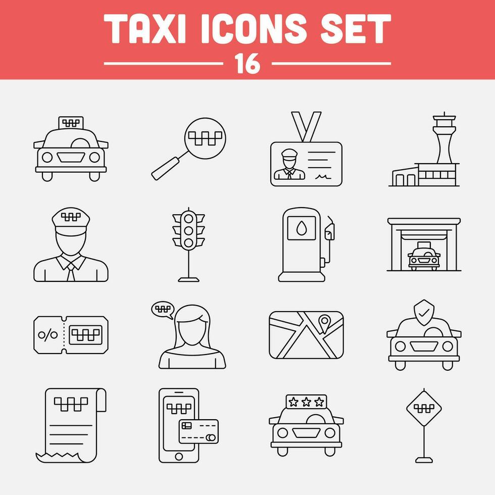 negro línea Arte conjunto de Taxi icono en plano estilo. vector