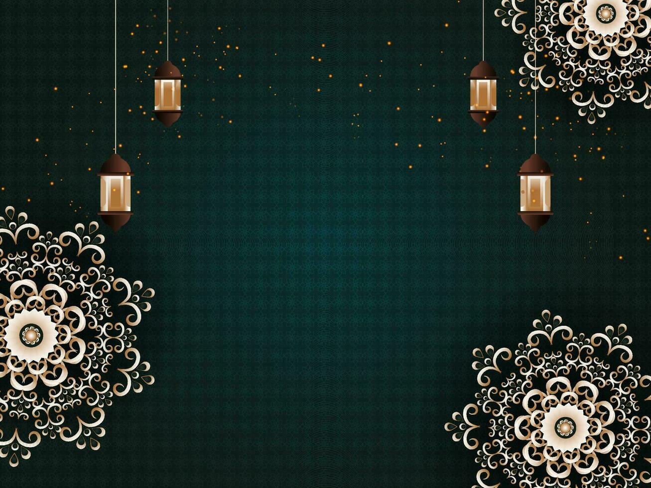 Teal Light Effect Background Decorated With Arabic Lanterns Hang, Exquisite Mandala Pattern And Copy Space. vector