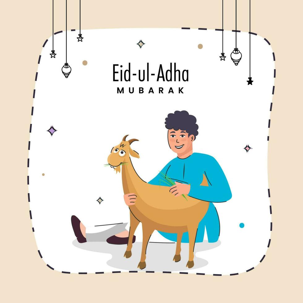 eid ul adha Mubarak saludo tarjeta con islámico joven chico alimentación césped a cabra en beige antecedentes. vector