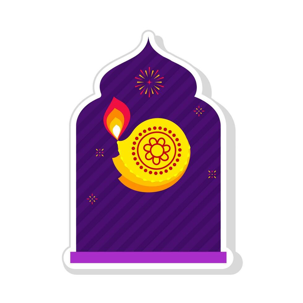 Sticker Style Burning Yellow Floral Oil Lamp Against Purple Door Way Fireworks Background. vector