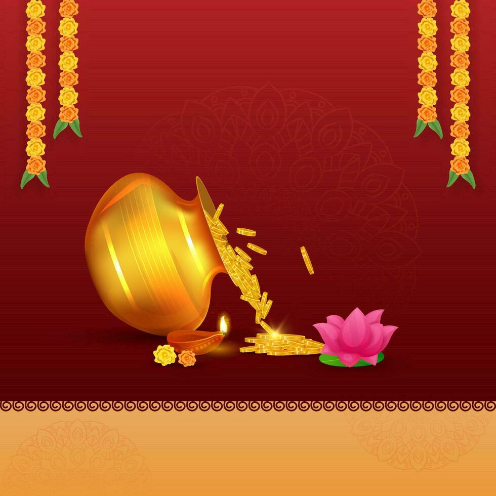 Golden Coins Falling From Treasure Pot With Lotus Flower, Lit OIl Lamp And Copy Space For Hinduism Festival Concept. vector