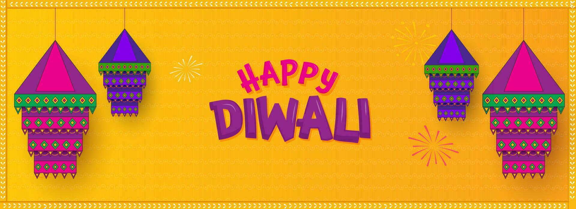 Happy Diwali Celebration Banner Or Header Design With Hanging Traditional Lanterns  On Chrome Yellow Background. vector