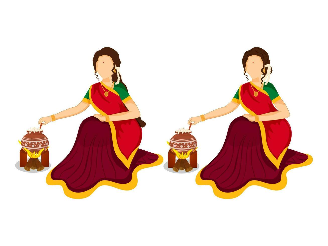 Two Options Of South Indian Lady Cooking Traditional Dish At Bonfire. vector