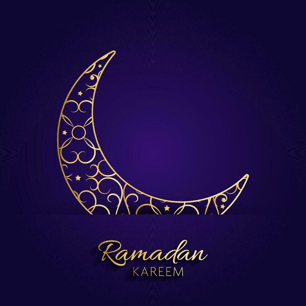 Golden Ramadan Kareem Font With Ornament Crescent Moon On Blue And Violet Background. vector