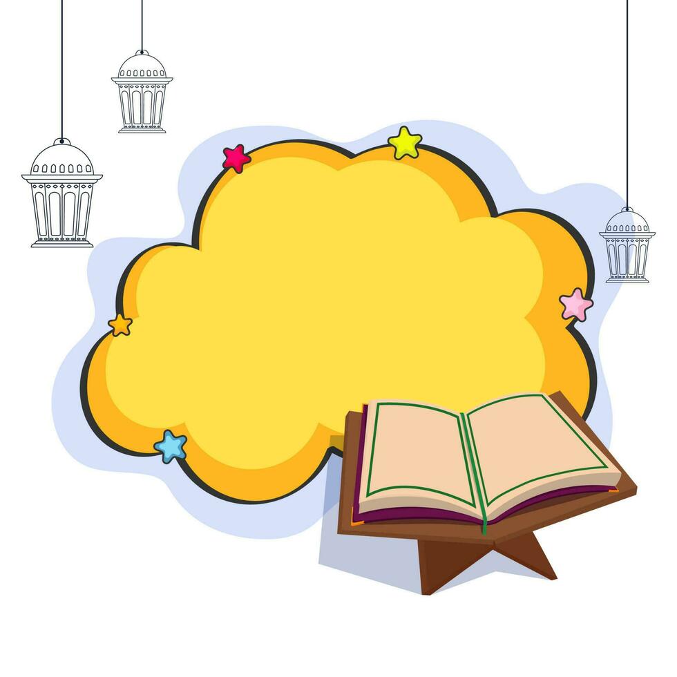 Islamic Holy Book, Open Quran on stand with yellow cloud shaped frame for your message. vector