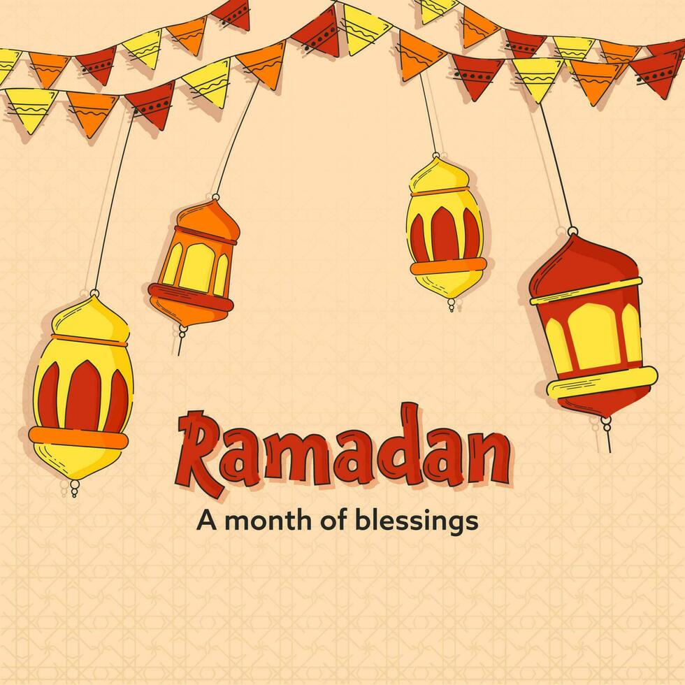 Ramadan Festival Poster Design With Arabic Lanterns Hang And Bunting Flags On Pastel Orange Islamic Pattern Background. vector