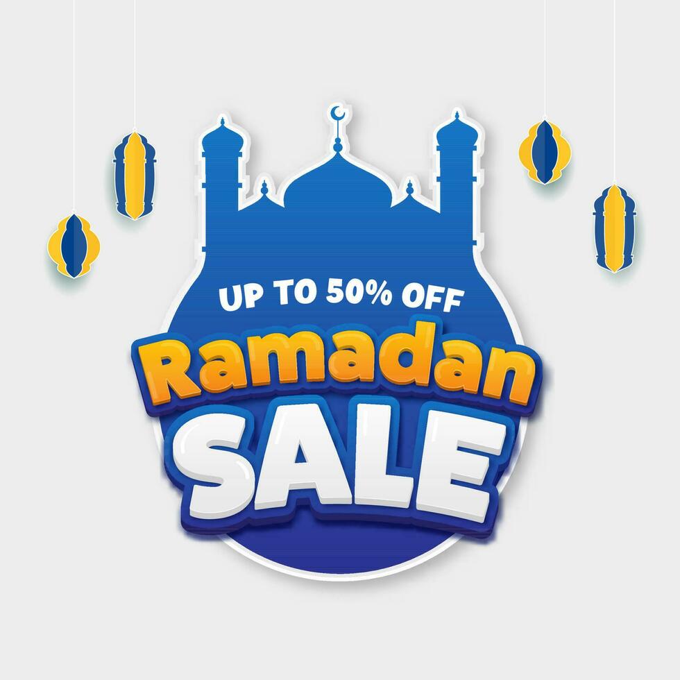 For Ramadan Sale Poster Design Decorated With Sticker Style Arabic Lanterns Hang. vector