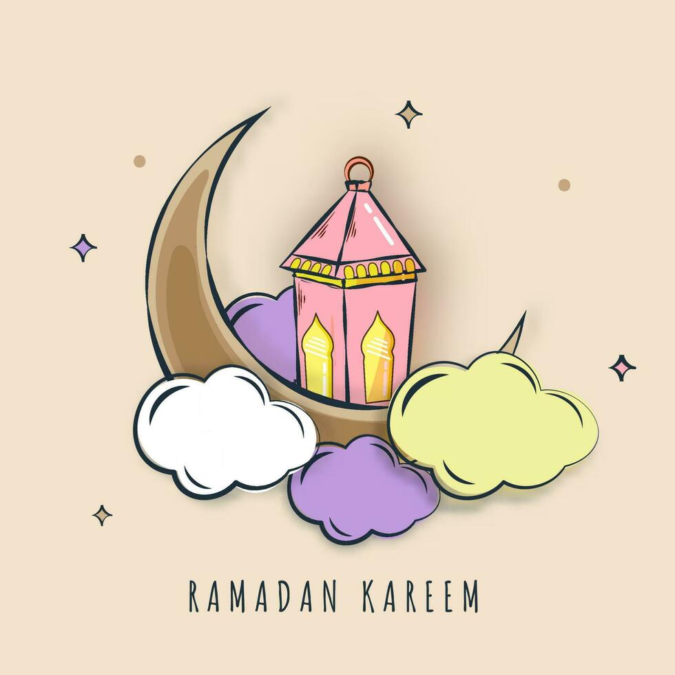 Ramadan Kareem Celebration Poster Design With Doodle Crescent Moon, Arabic Lantern And Clouds On Pastel Brown Background. vector