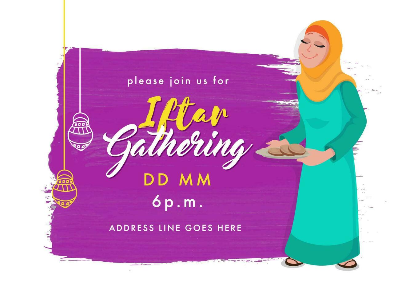 Iftar Gathering Invitation, Poster Design With Islamic Young Woman Holding Cookies Plate And Purple Brush Effect On White Background. vector