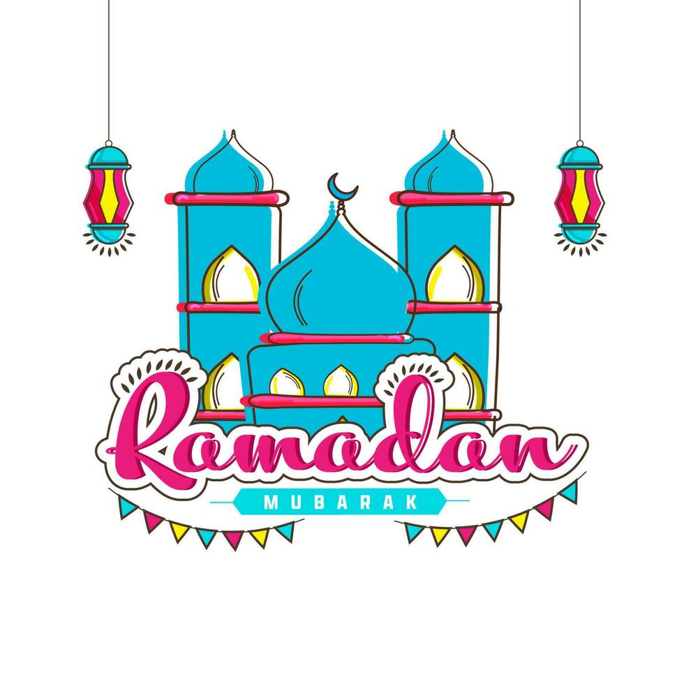 Ramadan Mubarak Font With Bunting Flags, Mosque Illustration And Lanterns Hang On White Background. vector