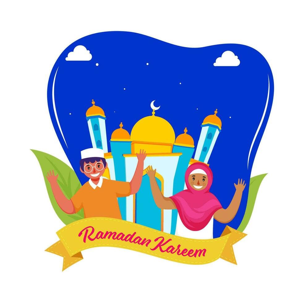Ramadan Kareem Celebration Concept With Cheerful Islamic Couple, Mosque Illustration On Blue And White Background. vector
