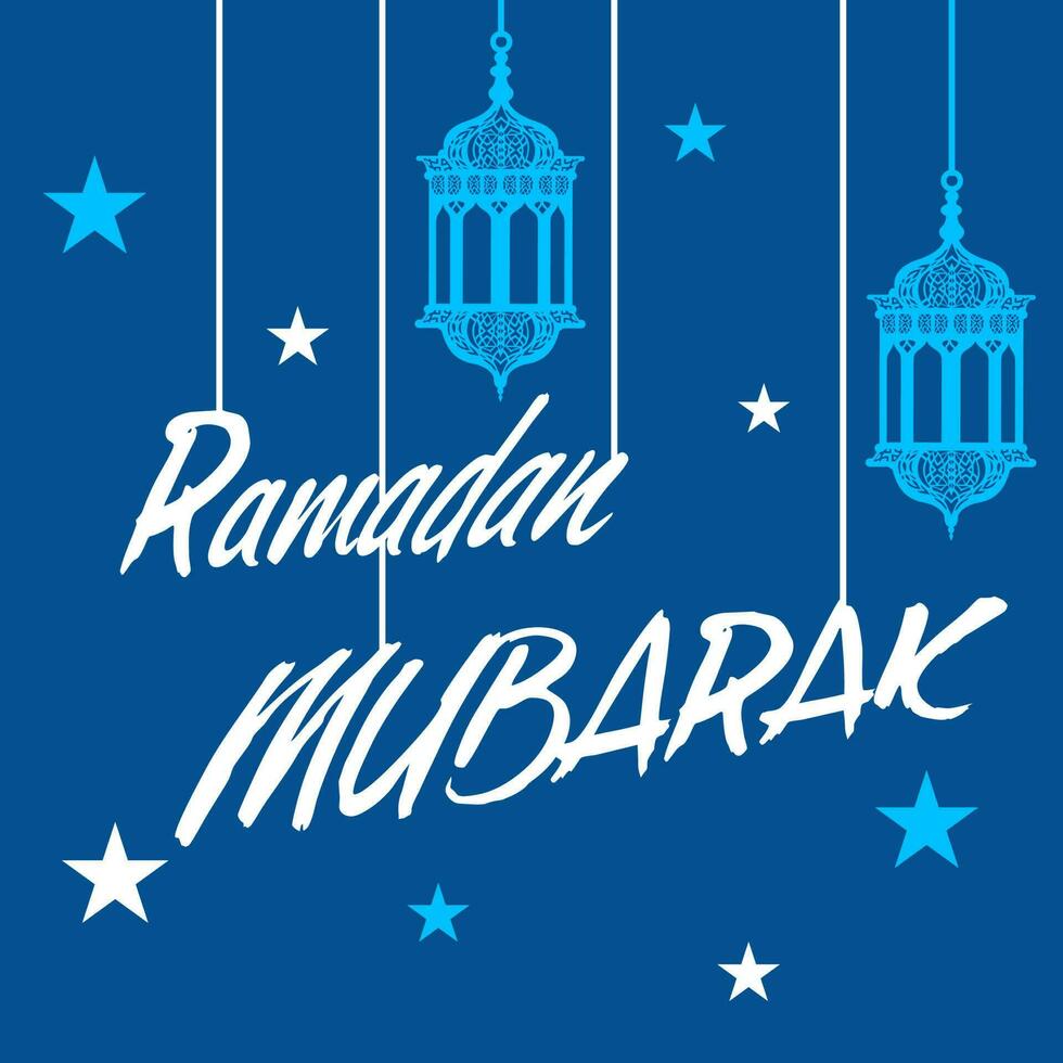 Ramadan Mubarak Font With Lanterns Hang And Stars Decorated On Blue Background. vector
