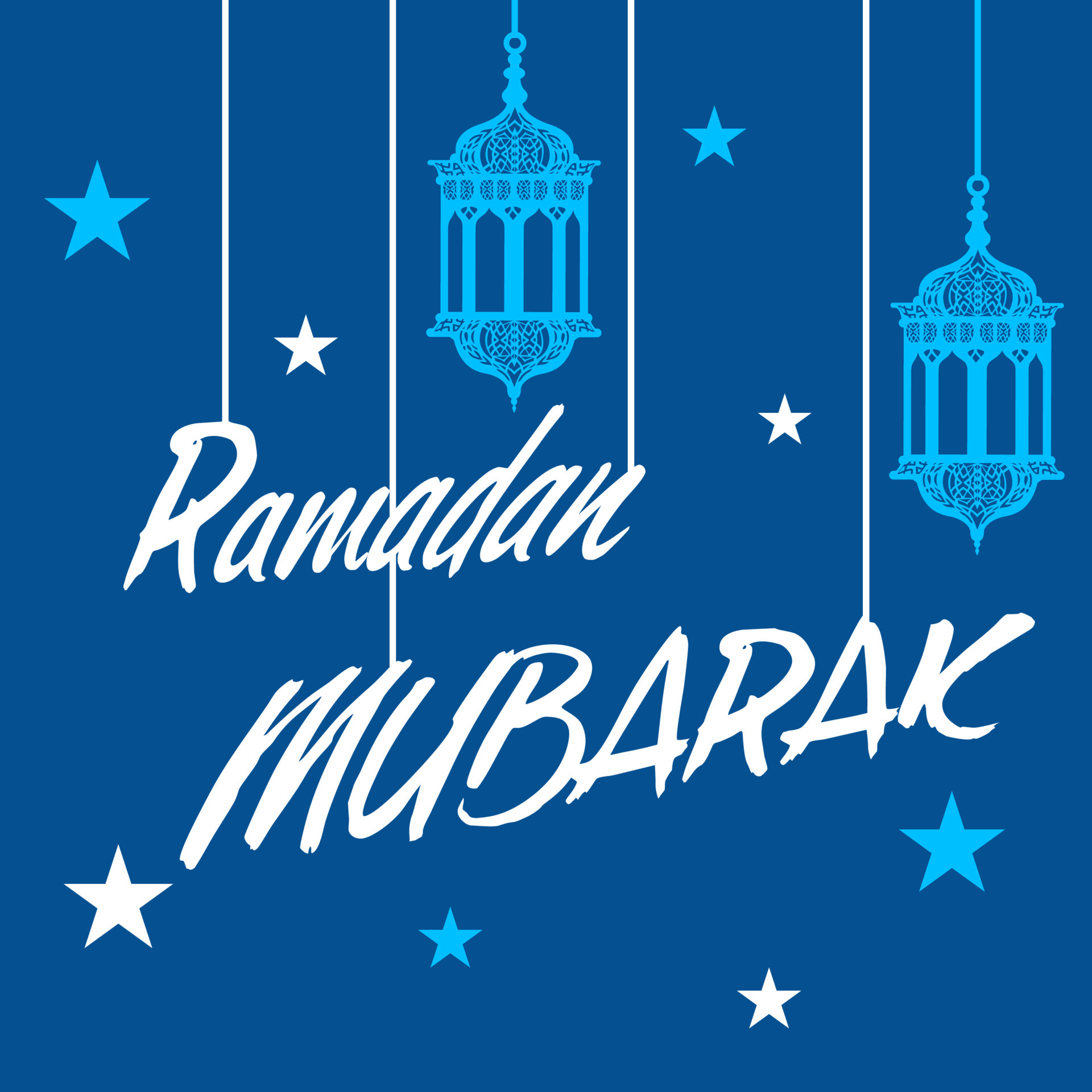 Ramadan Mubarak Font With Lanterns Hang And Stars Decorated On Blue