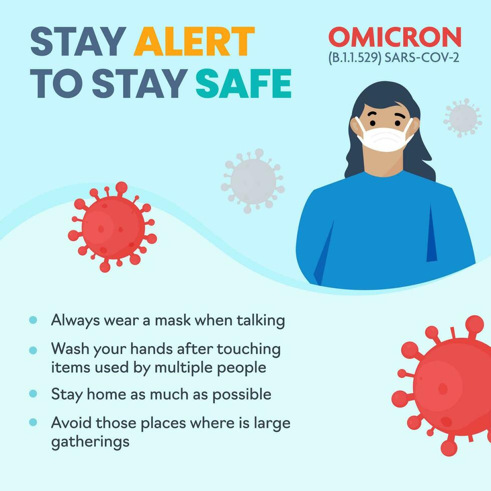 Precautions To Reduce The Spread Of Covid-19 Omicron Variant With Young Girl Wear Safety Mask On Blue Background. vector