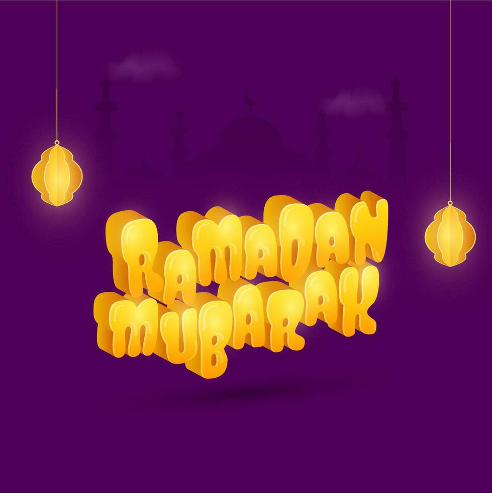 3D Golden Ramadan Mubarak Font With Paper Cut Lanterns Hang On Purple Silhouette Mosque Background. vector