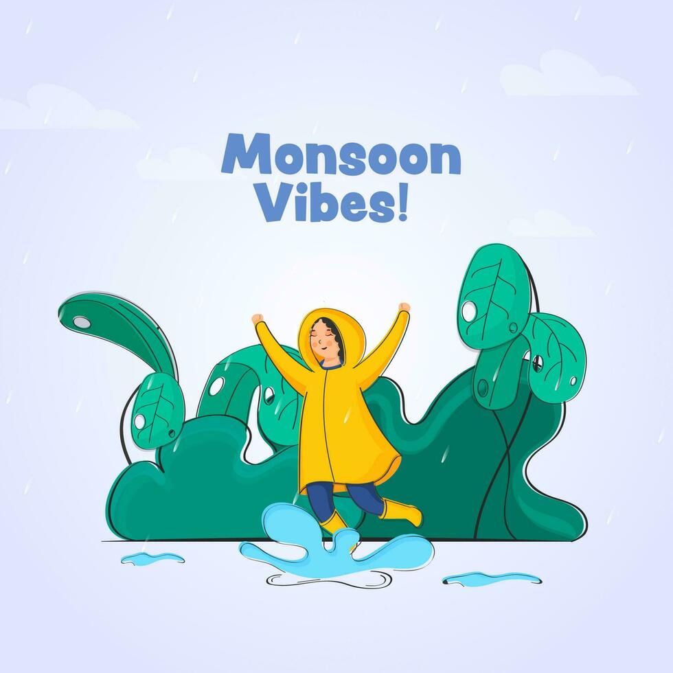 Monsoon Vibes Font With Cheerful Young Girl Jumping In Water And Plants On Gray Background. vector