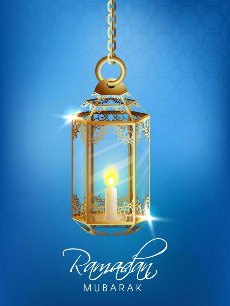 Ramadan Mubarak Concept With Golden Illuminated Lantern Hang On Blue Islamic Pattern Background. vector