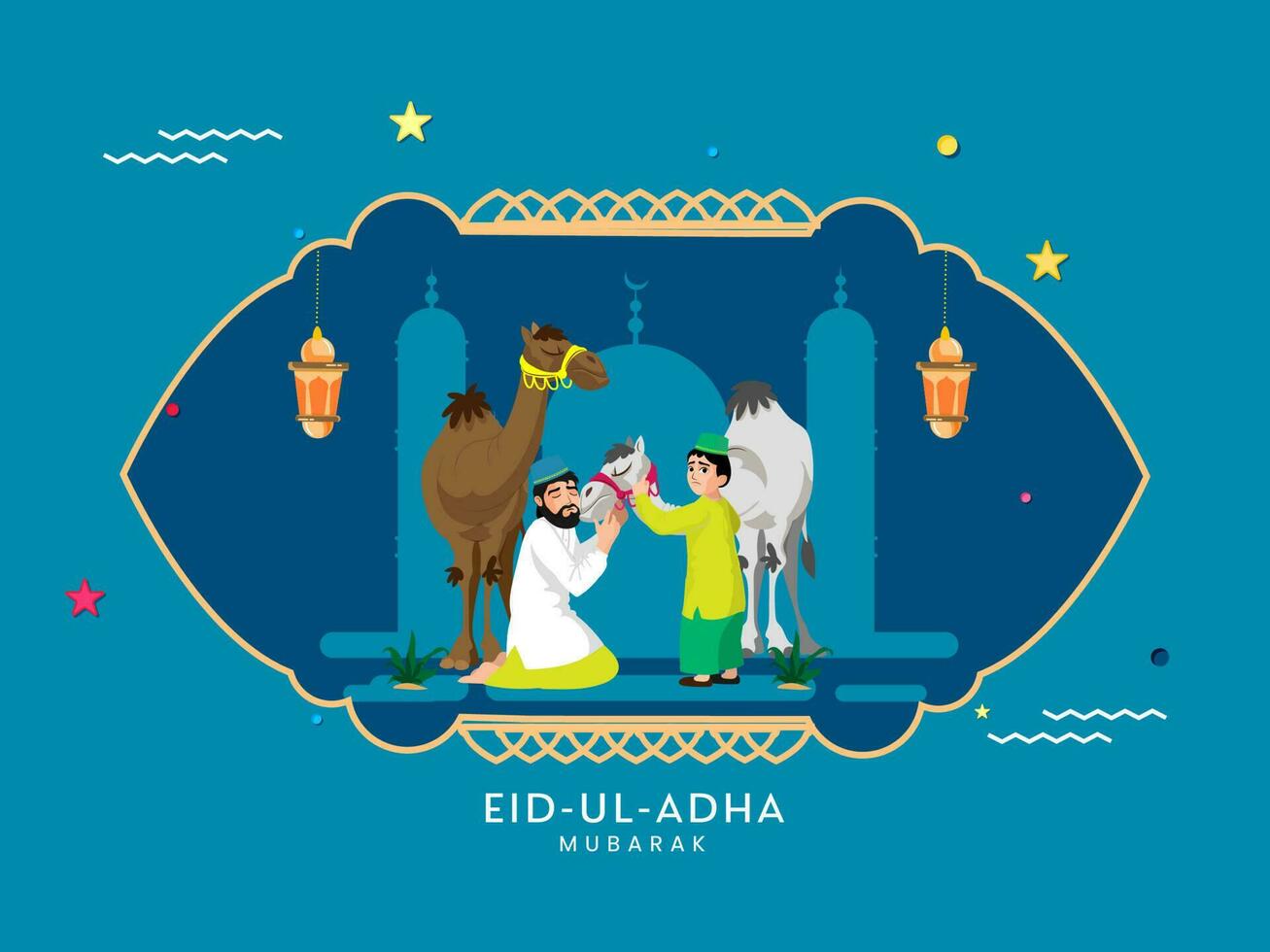 Islamic Man With His Son Feeding Grass To Camel On The Occasion Of Eid-Ul-Adha Mubarak. vector
