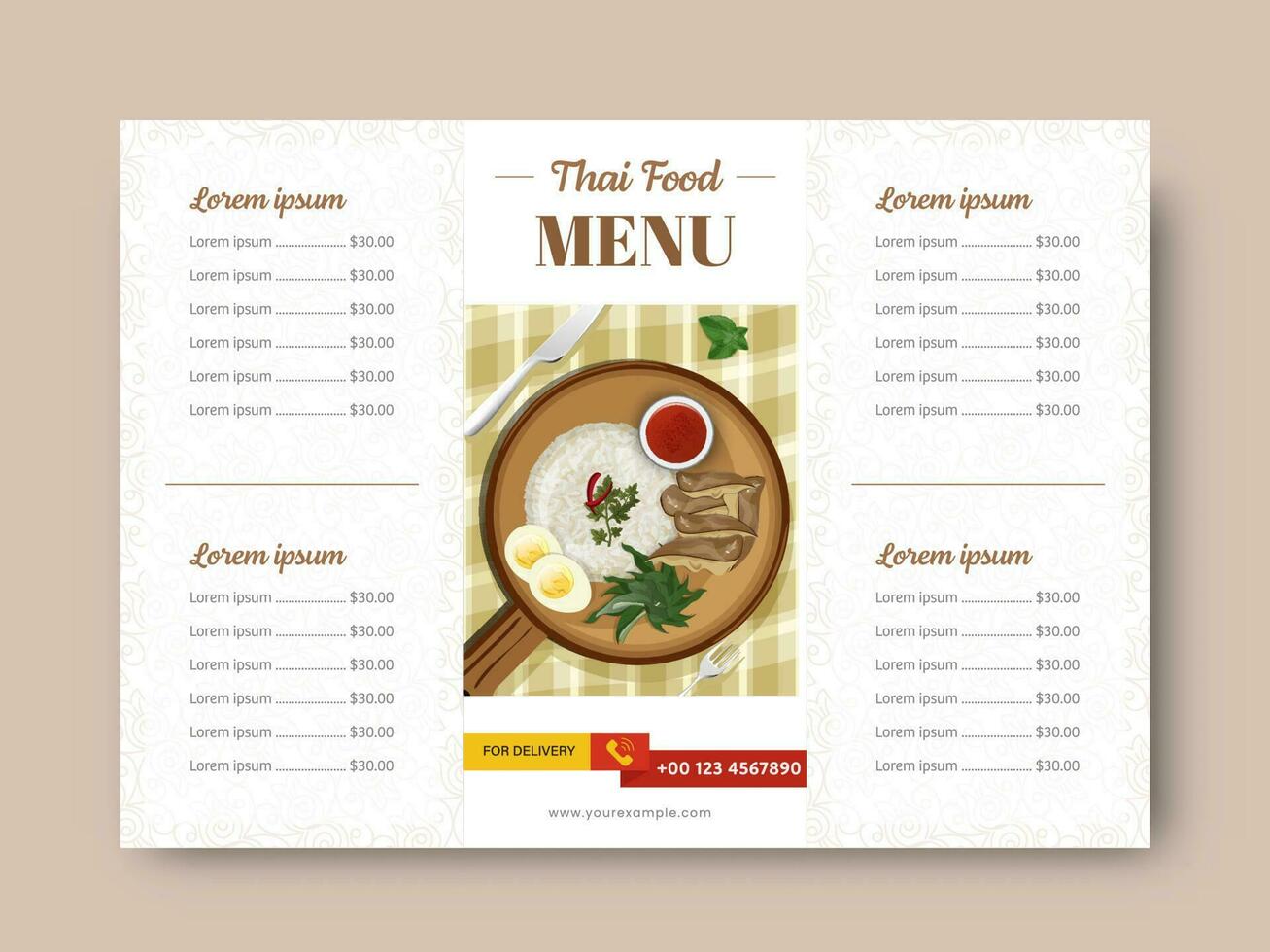 Thai Food Menu Card Template Or Tri-Fold Brochure Layout For Publishing. vector