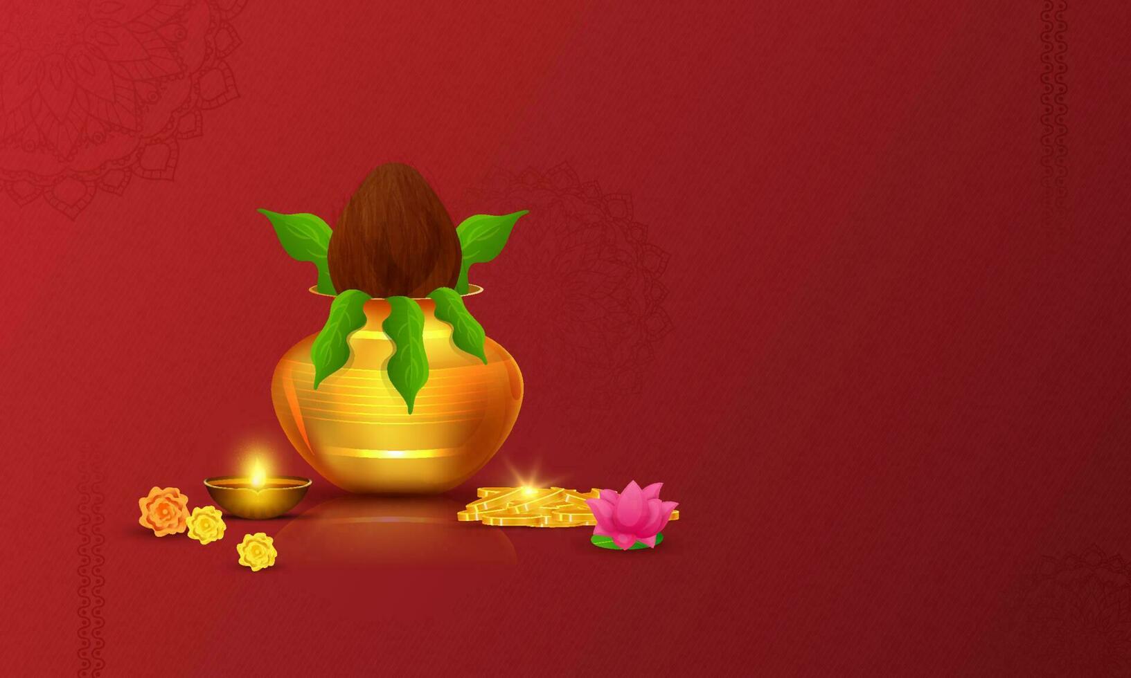 Golden Worship Pot  With Shiny Coins, Lit Oil Lamp, Lotus, Marigold Flower And Copy Space On Red Mandala Background. vector