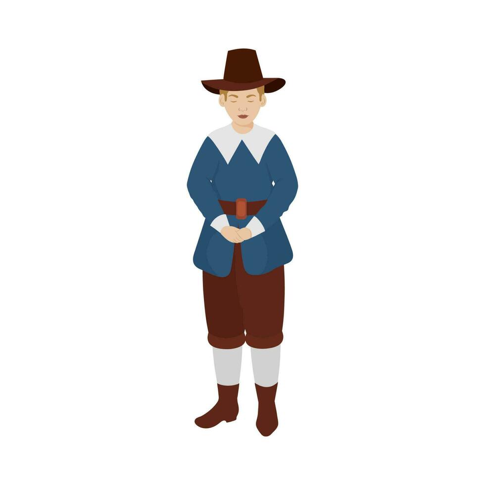 Illustration Of Young Man Dressed As A Pilgrim In Standing Pose On White Background. vector