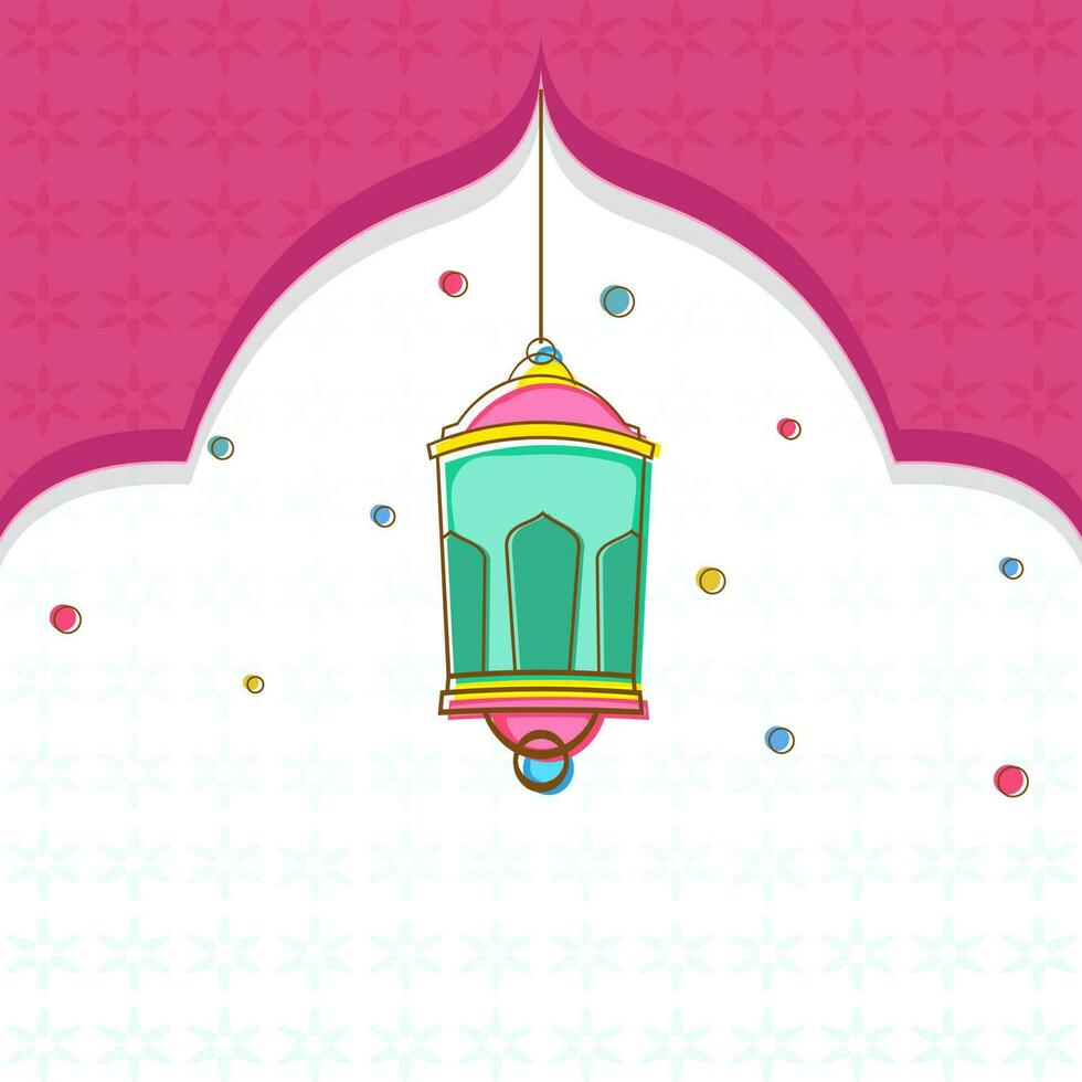 Islamic Festival Greeting Card With Hanging Arabic Lantern And Copy Space On White And Pink Islamic Door Shape Background. vector