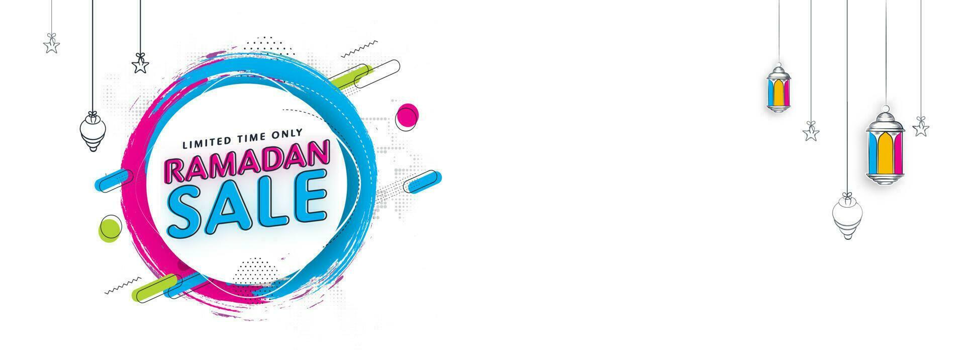 Ramadan Sale Banner Or Header Design With Hanging Lanterns, Stars And Circular Brush Effect On White Background. vector