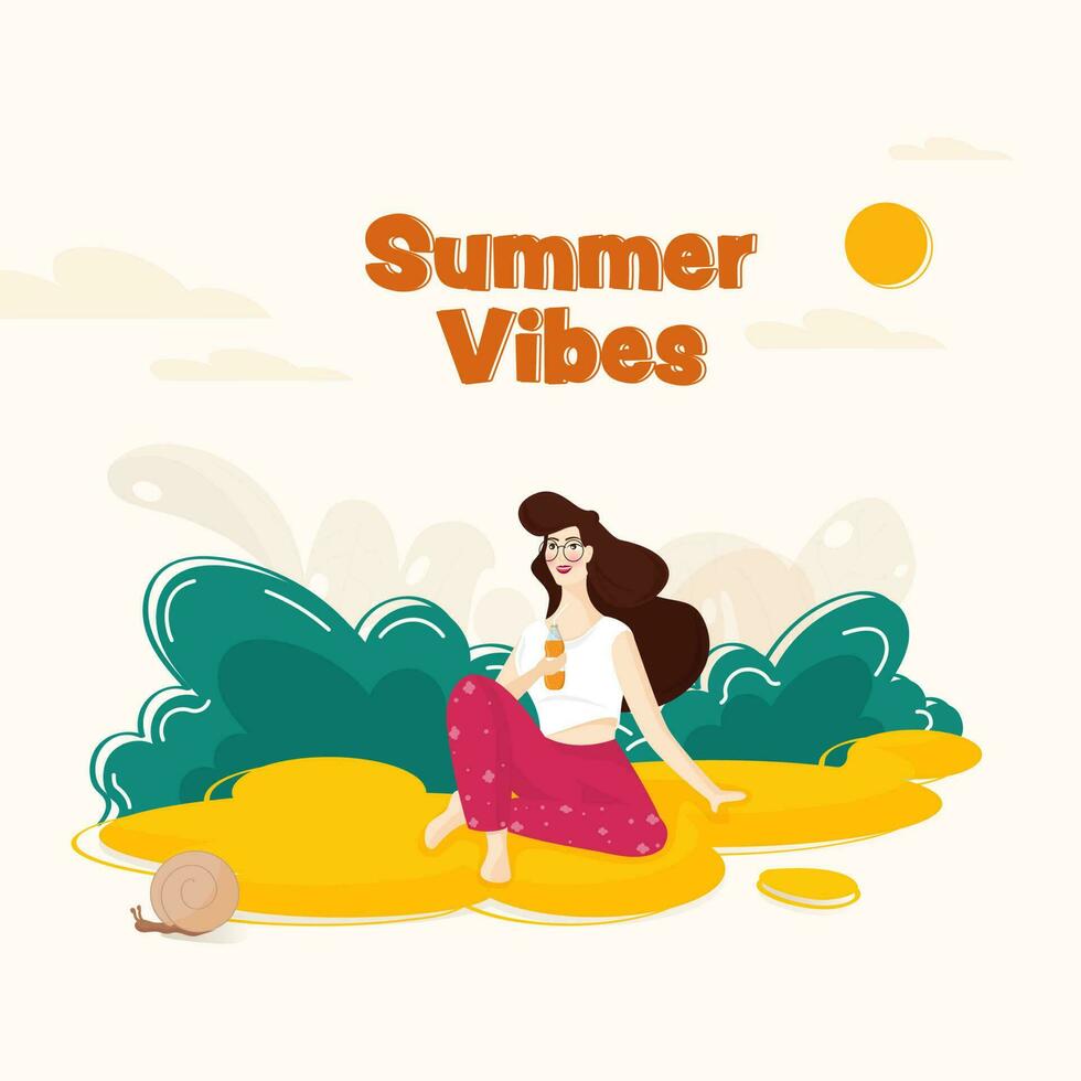 verano vibraciones concepto con dibujos animados joven mujer Bebiendo jugo, caracol y Dom en contra blanco antecedentes. vector