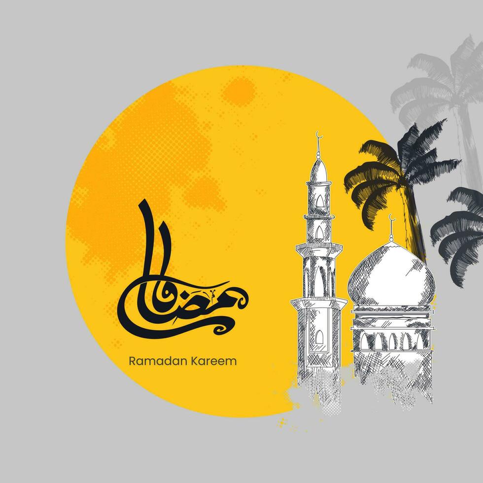 negro Arábica caligrafía de Ramadán kareem con dibujar mezquita, palma árbol en naranja y gris antecedentes. vector