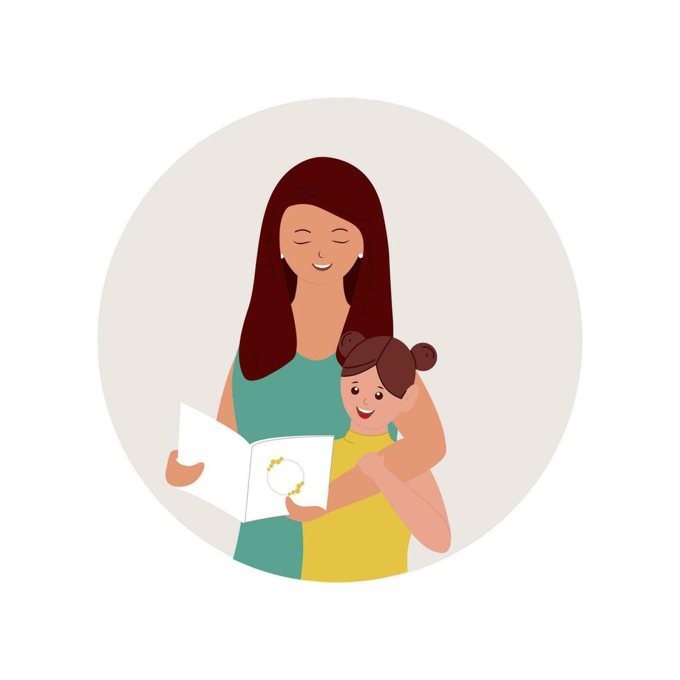 Young Lady Holding Card With Her Daughter On White Background. vector