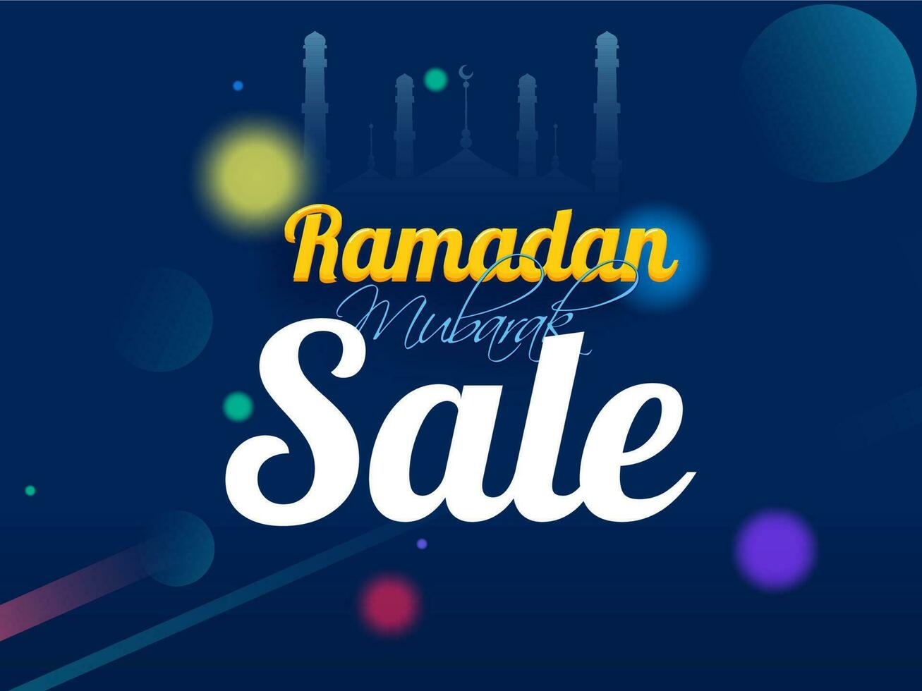 Ramadan Sale Poster Design With Mosque And Circles On Blue Background. vector