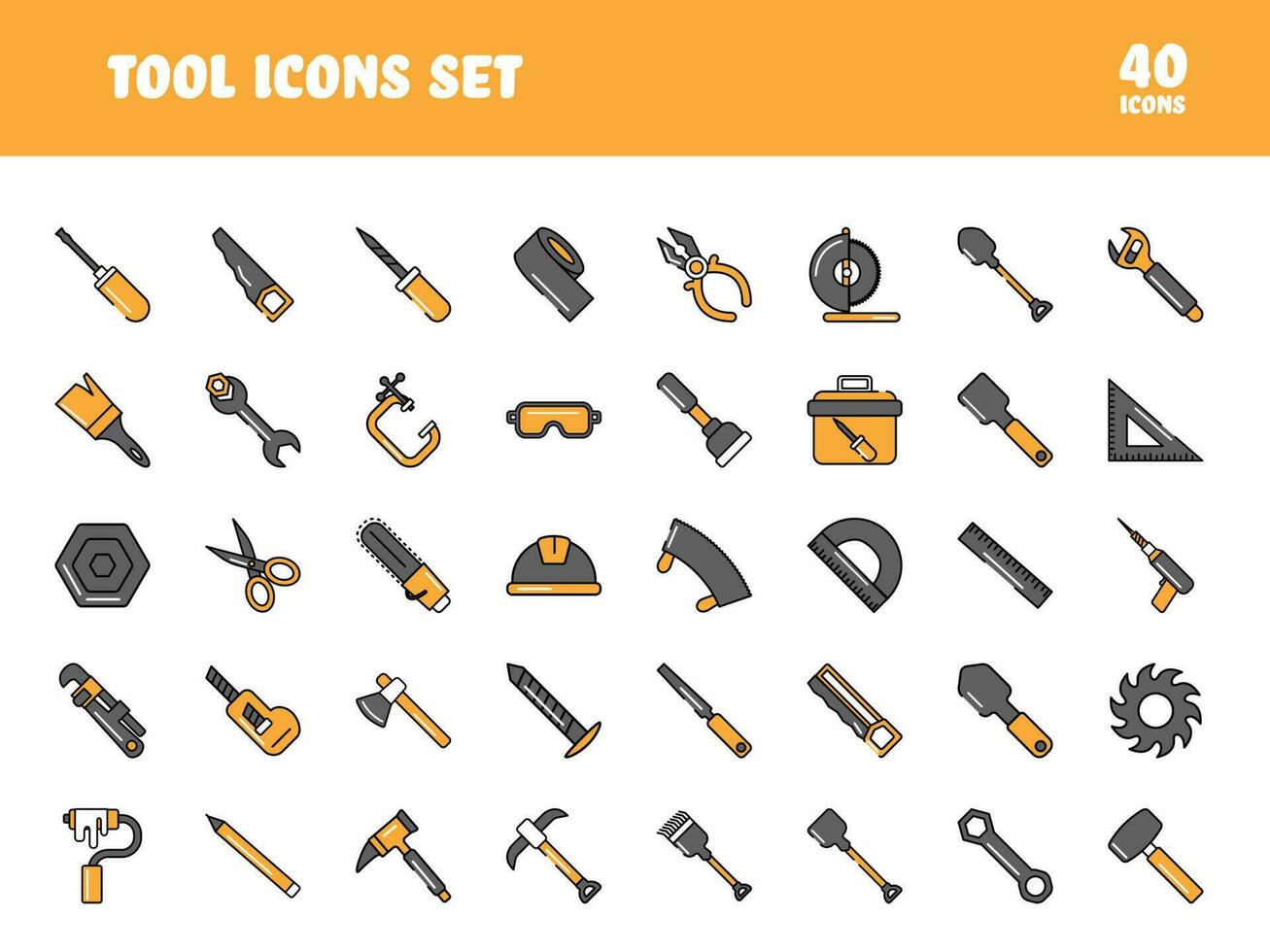 reparando herramientas plano icono conjunto en naranja y gris color. vector