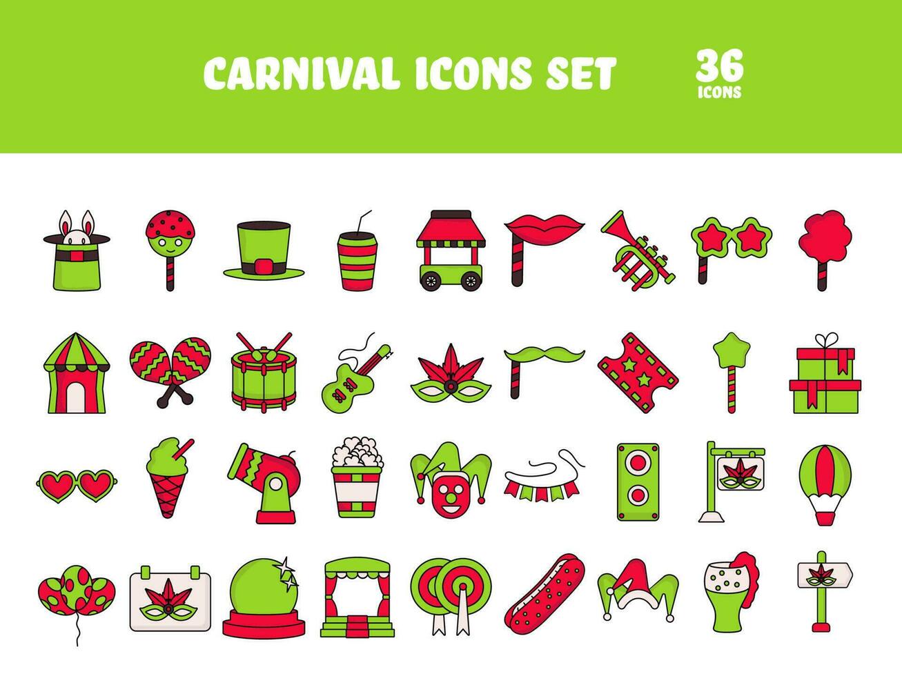 rojo y verde color conjunto de carnaval icono en plano estilo. vector