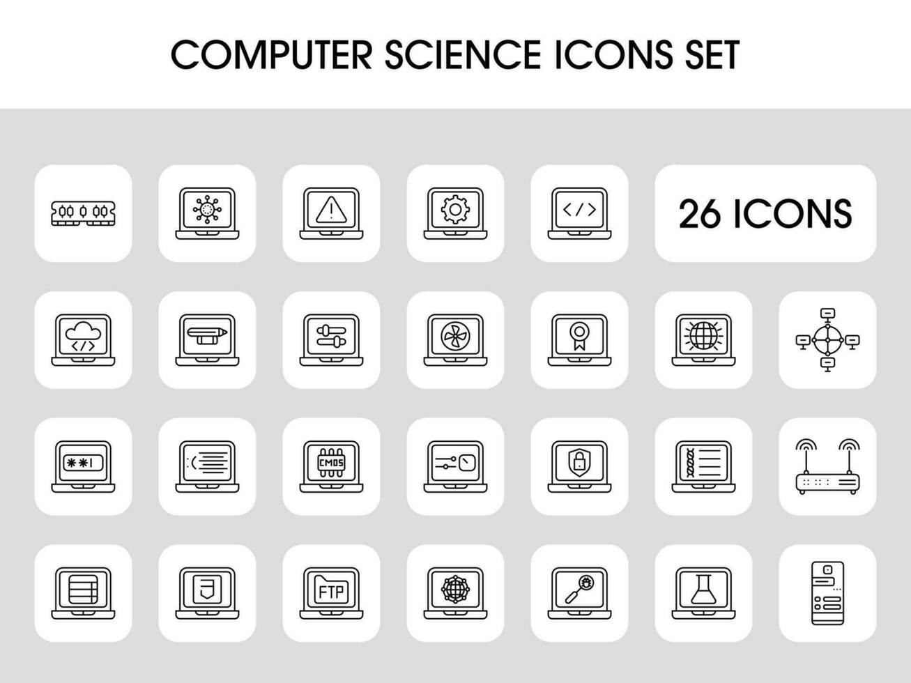 Black Line Art Computer Science Sqaure Icon Set. vector