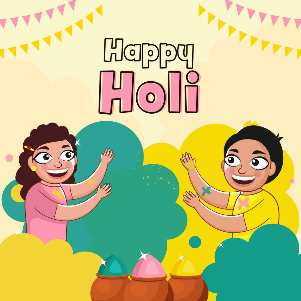 Cheerful Boy And Girl Playing Holi Together With Mud Pots Full Of Powder Color Illustration. vector