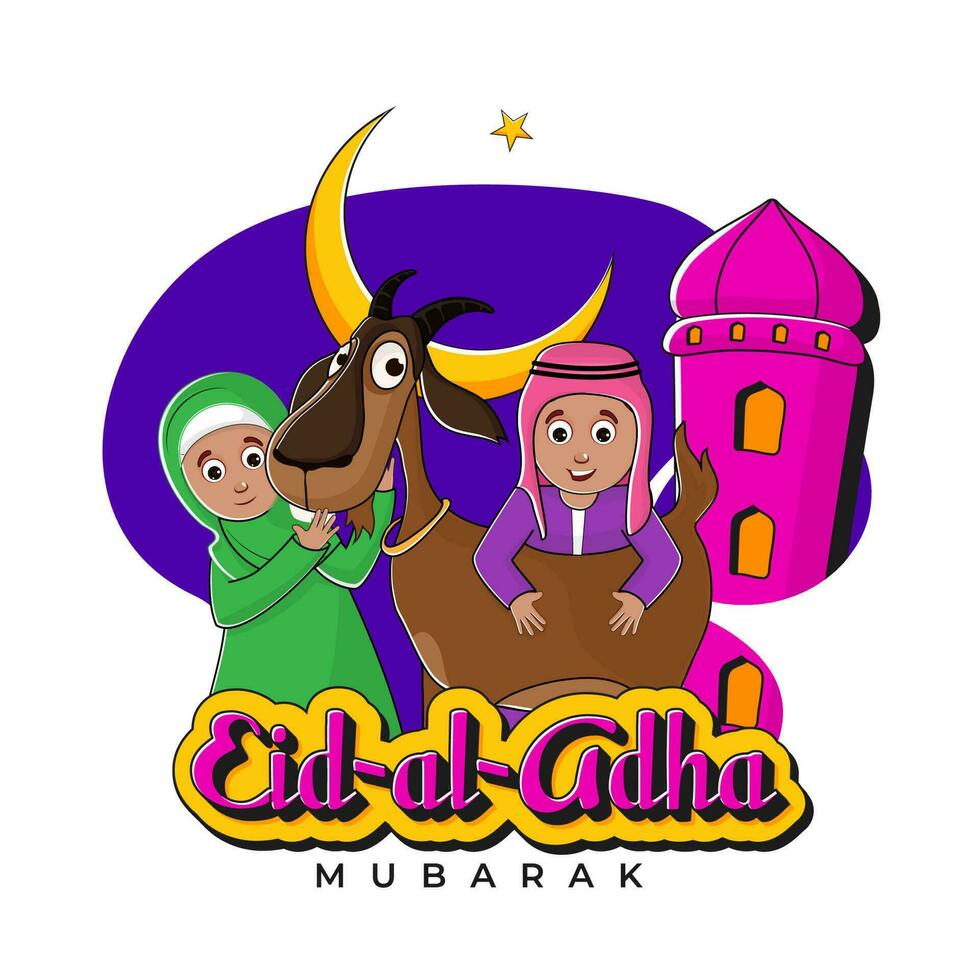 pegatina estilo eid ul adha Mubarak fuente con islámico niños participación dibujos animados cabra, creciente luna, estrella, mezquita alminar en púrpura y blanco antecedentes. vector