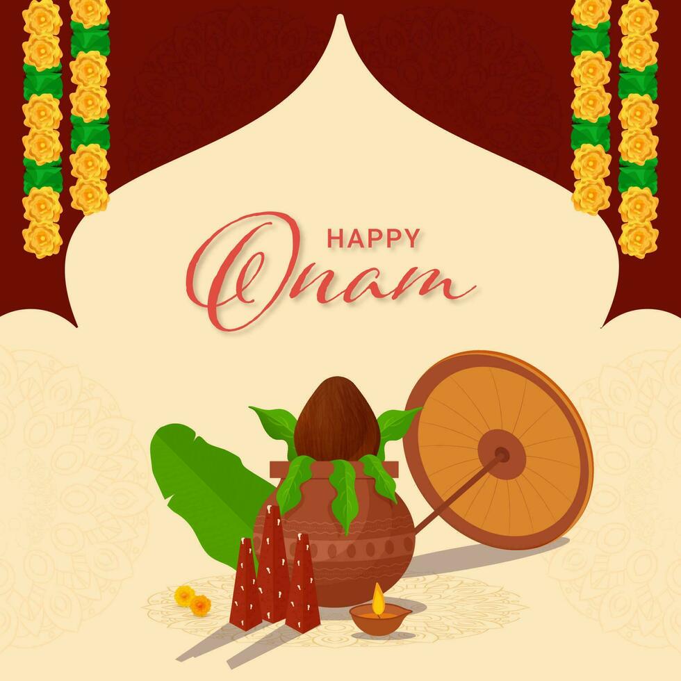 Happy Onam Celebration Greeting Card With Worship Pot, Olakkuda, Thrikkakara Appan Idol, Banana Leaf, Lit Oil Lamp And Floral Garland Decorated Background. vector