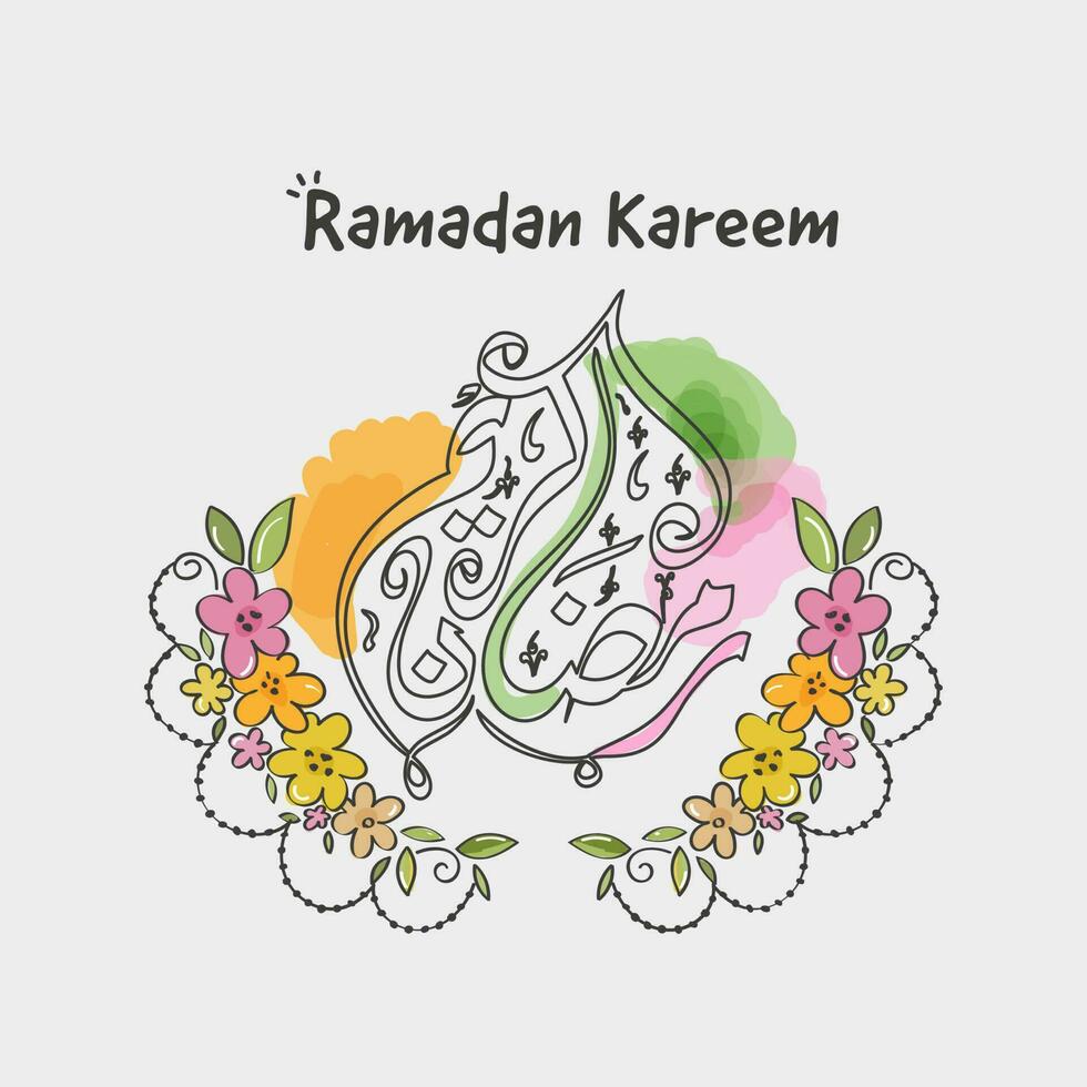Arabic Calligraphy Of Ramadan Kareem Decorated With Doodle Colorful Floral On Gray Background. vector