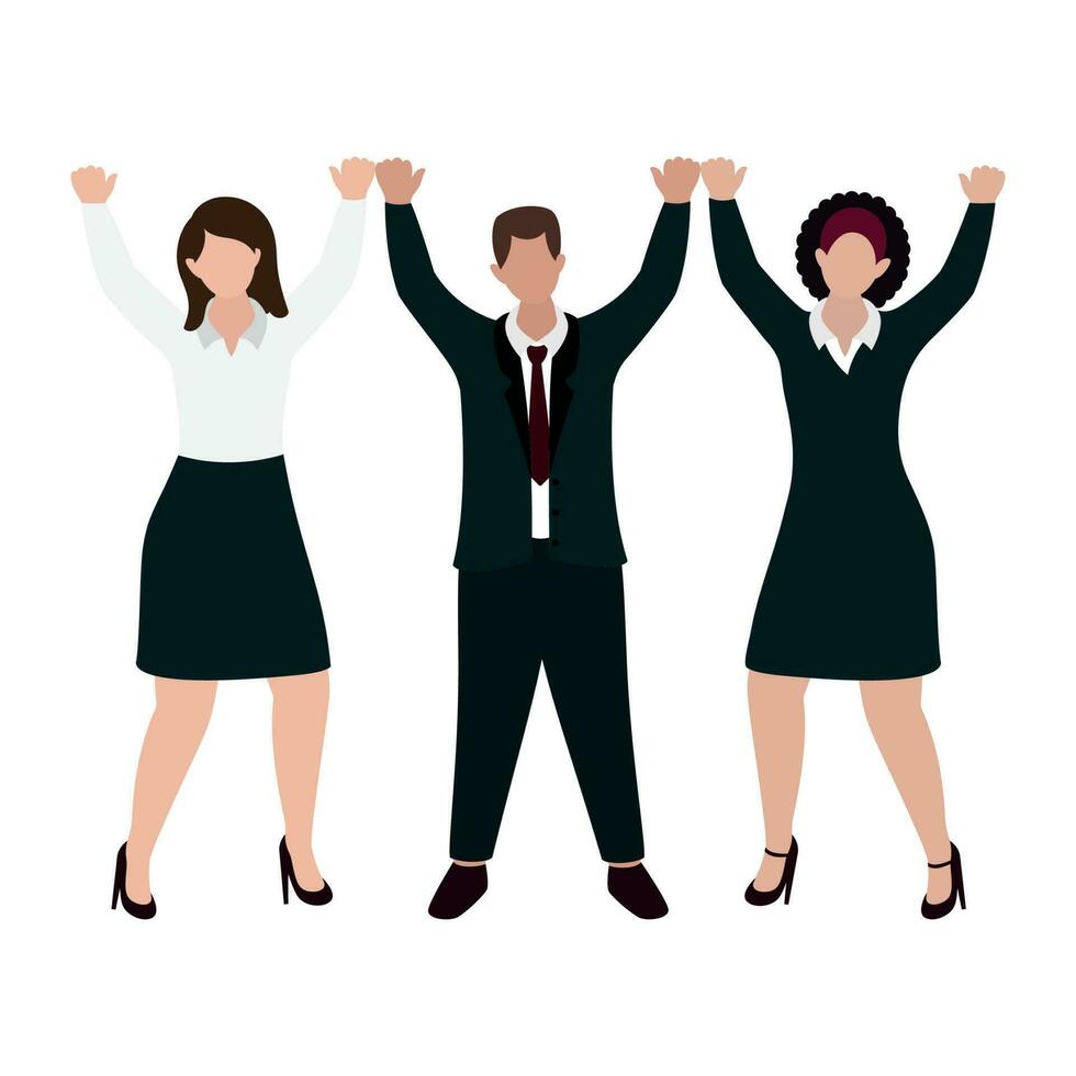 Faceless Businessman And Women Standing Together With Raising Hands On White Background. vector