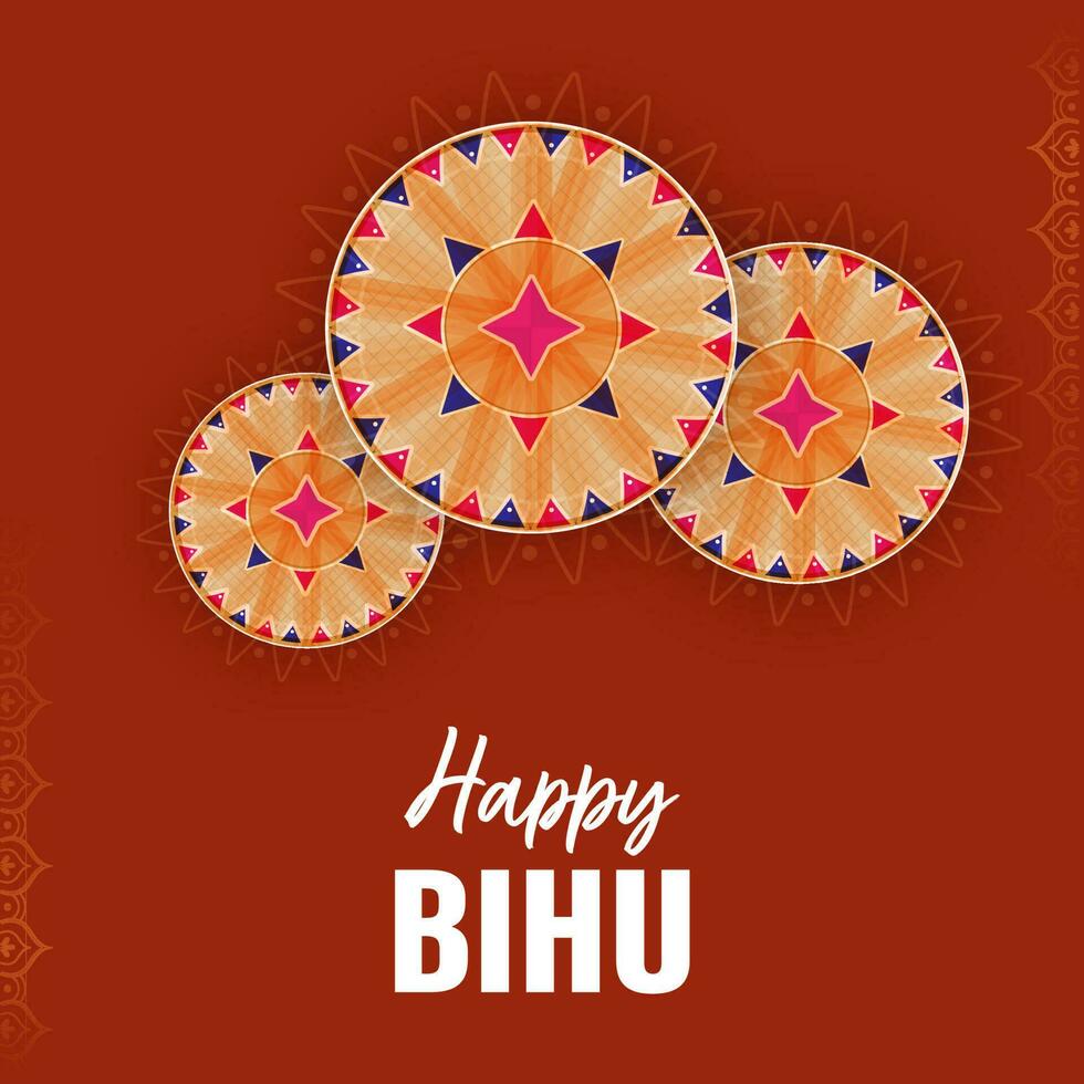 Happy Bihu Font With Three Floral Tambourine On Burnt Red Background. vector