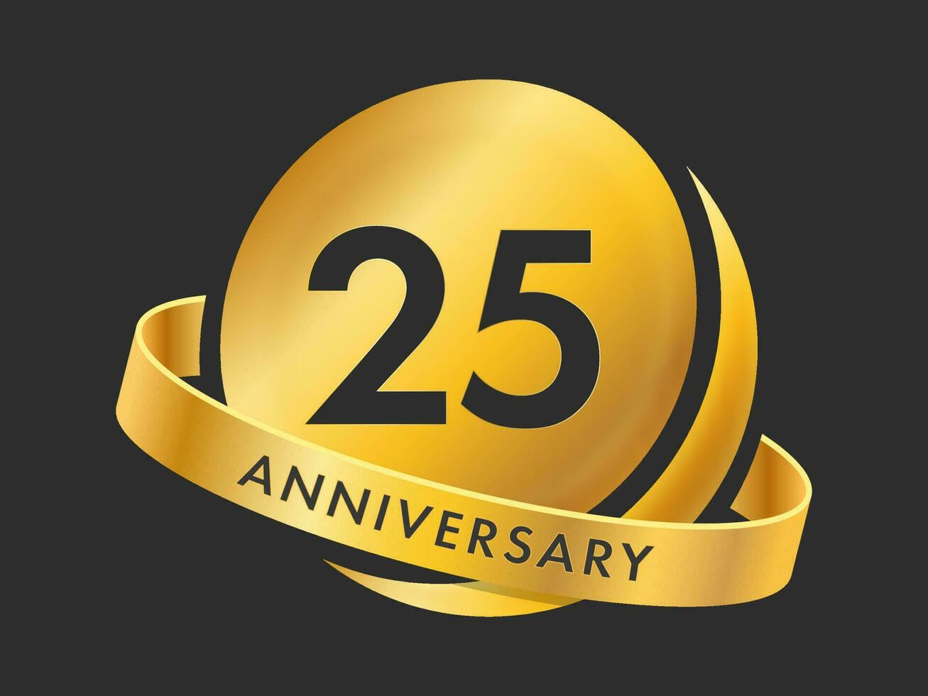 Golden 25th Year Anniversary Emblem Logo On Black Background. vector