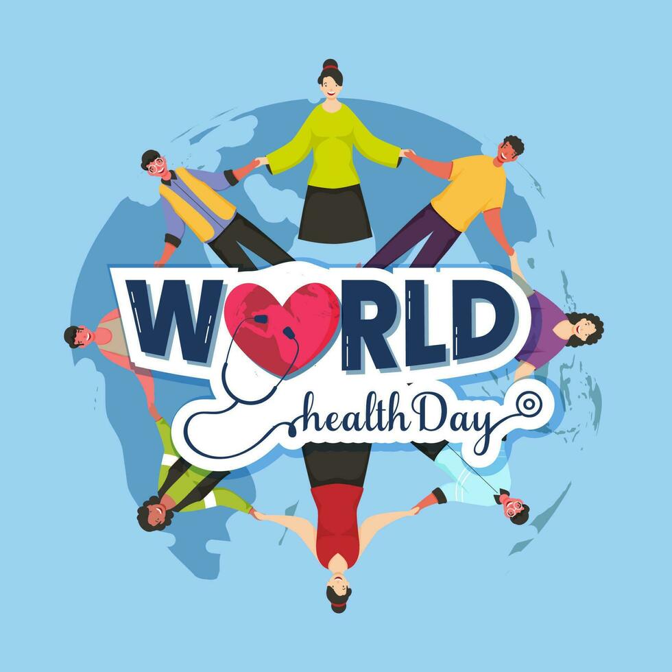 Sticker Style World Health Day Font With Heart Checkup From Stethoscope And People Holding Hands Together On Blue Worldwide Background. vector