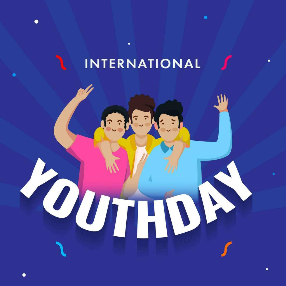 International Youth Day Font With Cartoon Young Boys Group On Blue Rays Background. vector
