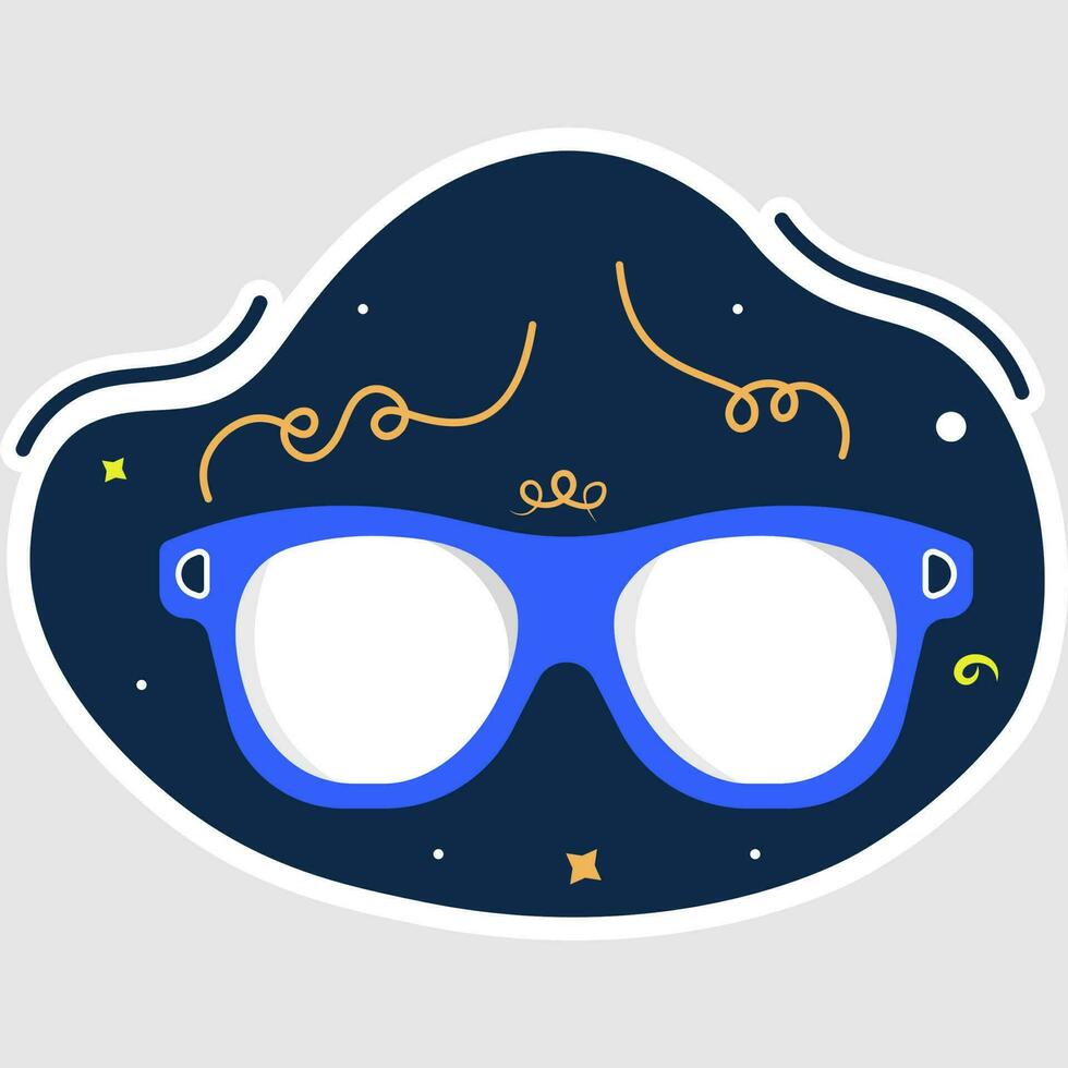 Vector Illustration Of Party Sunglasses Sticker Against Confetti Blue Background.